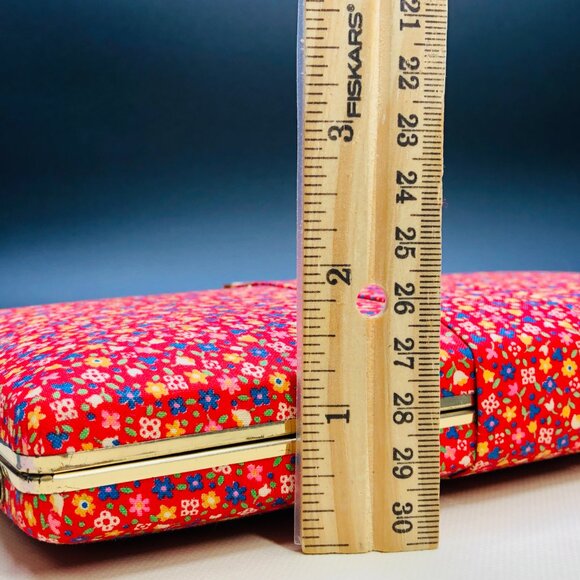 Vintage 70s Red Floral Chintz Jewelry Organizer Travel Case: Mirror Orange Liner - Picture 12 of 14